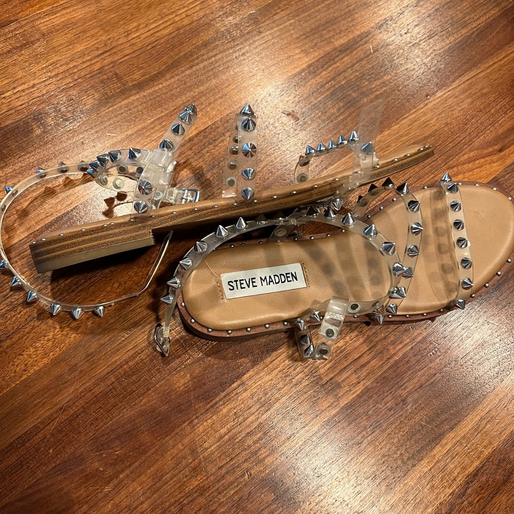 STEVE MADDEN clear studded strappy sandals.